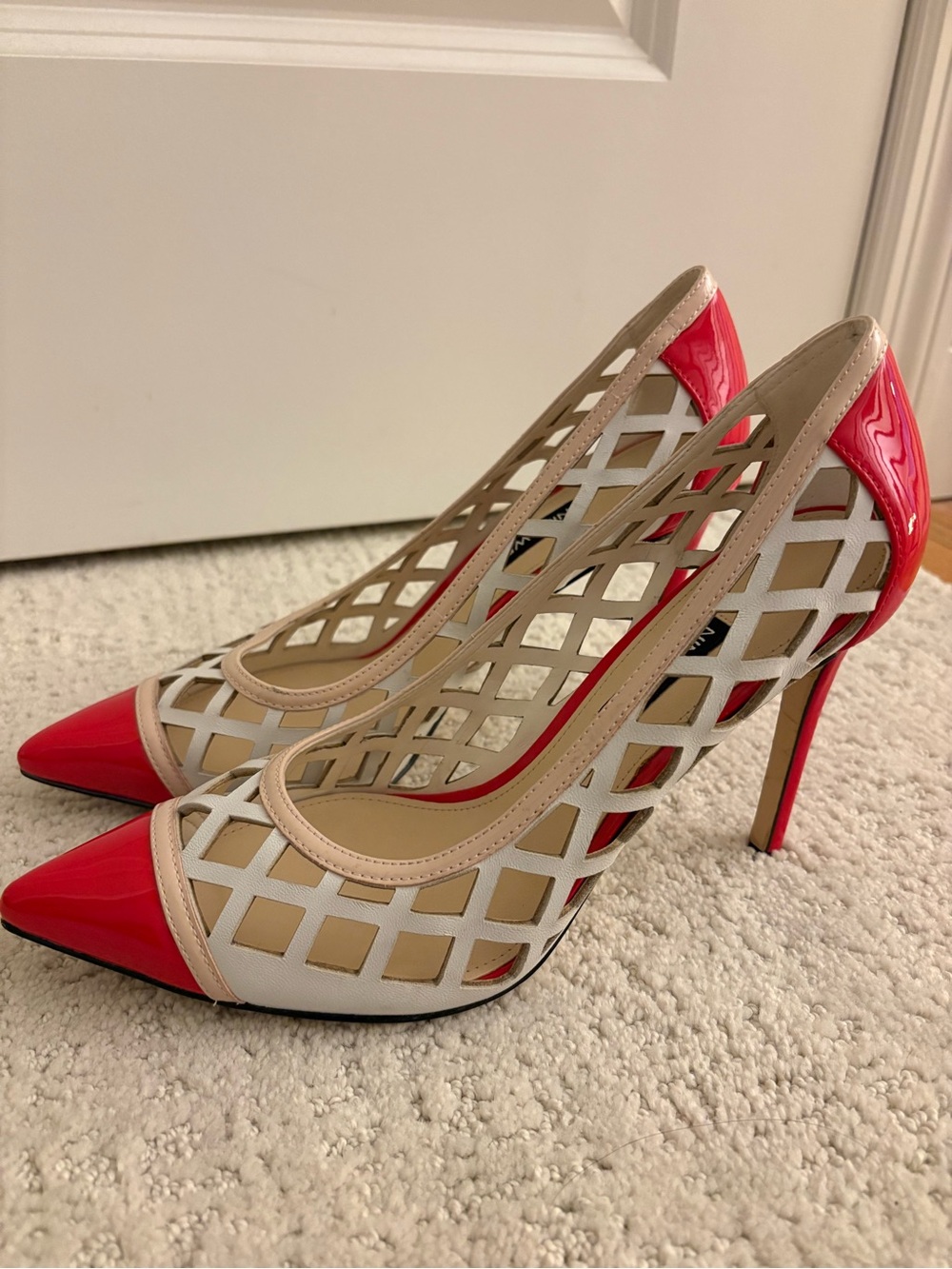 Nine West Tatum Red and Beige Lattice Pointed-Toe Stiletto Pumps